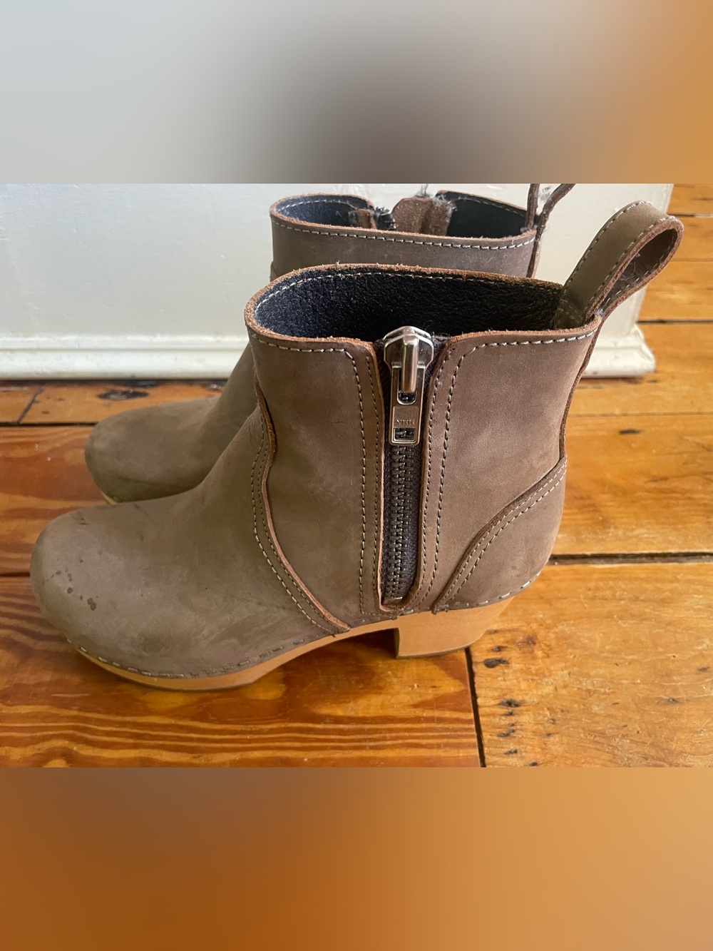 Swedish Hasbeens Taupe Ankle Booties with Side Zip